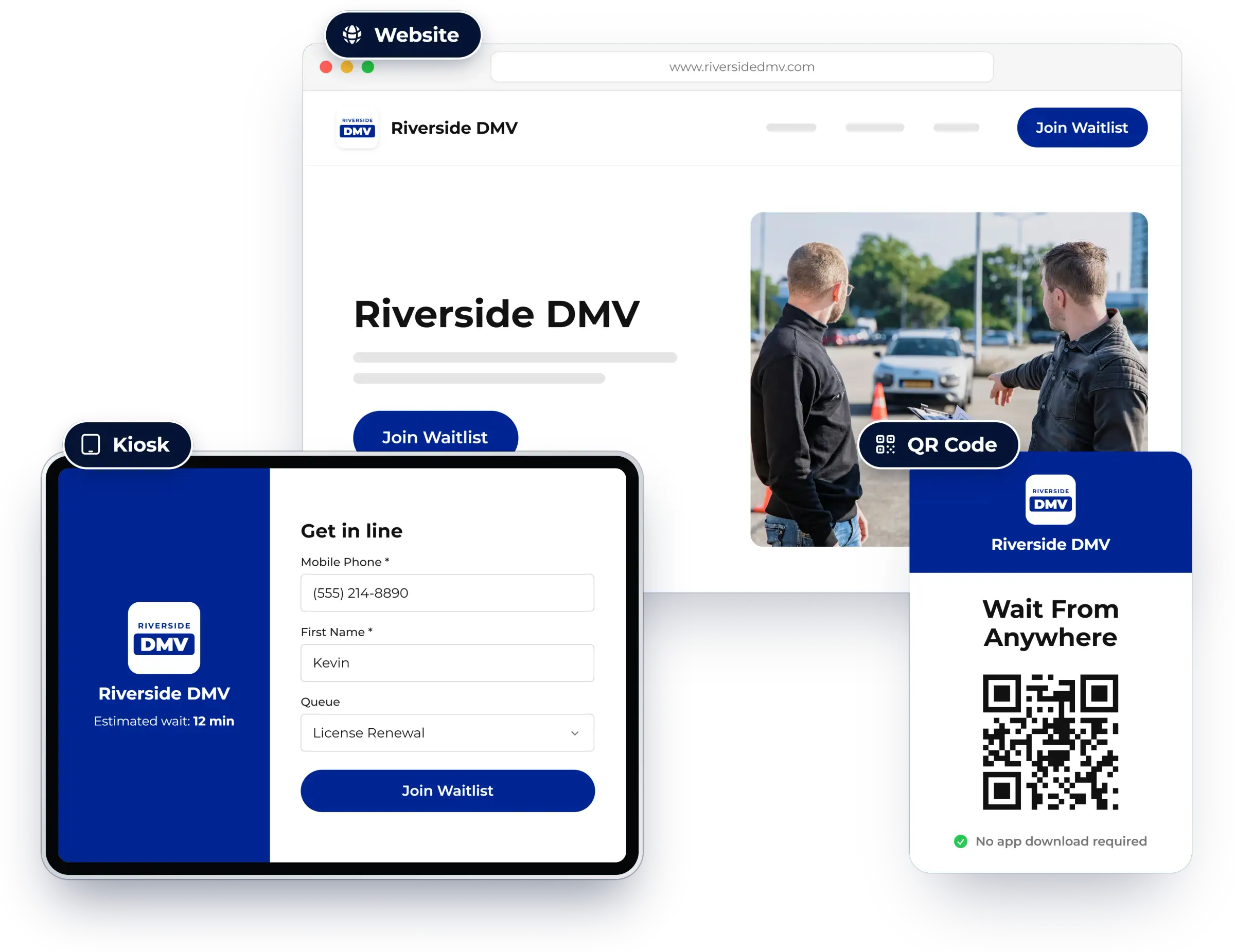 Three ways for guests to join: website, kiosk and QR code, shown in NextMe for a DMV