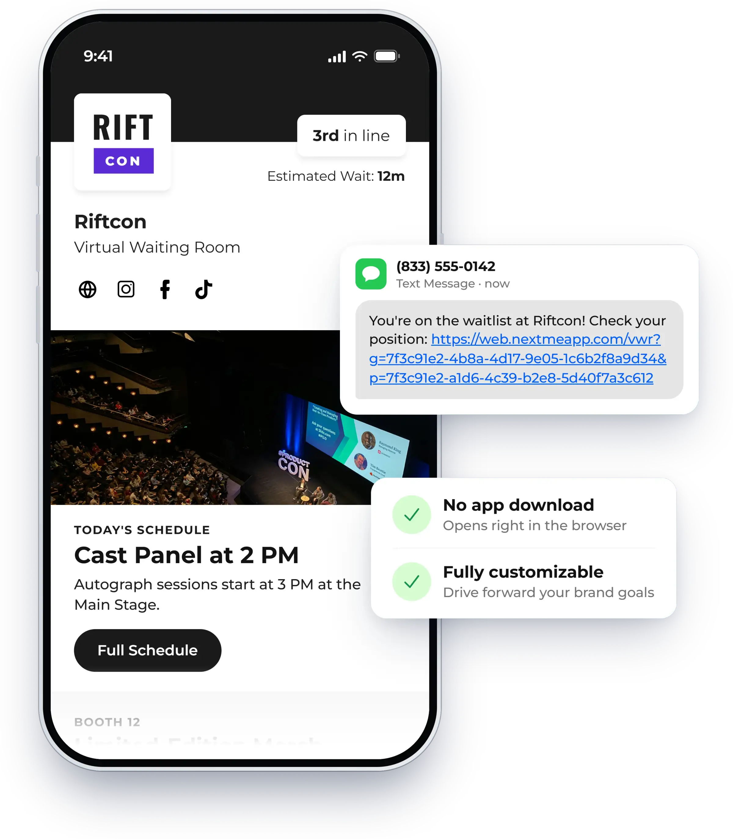Virtual waiting room showing a guest their place in line on their phone, shown in NextMe for an event