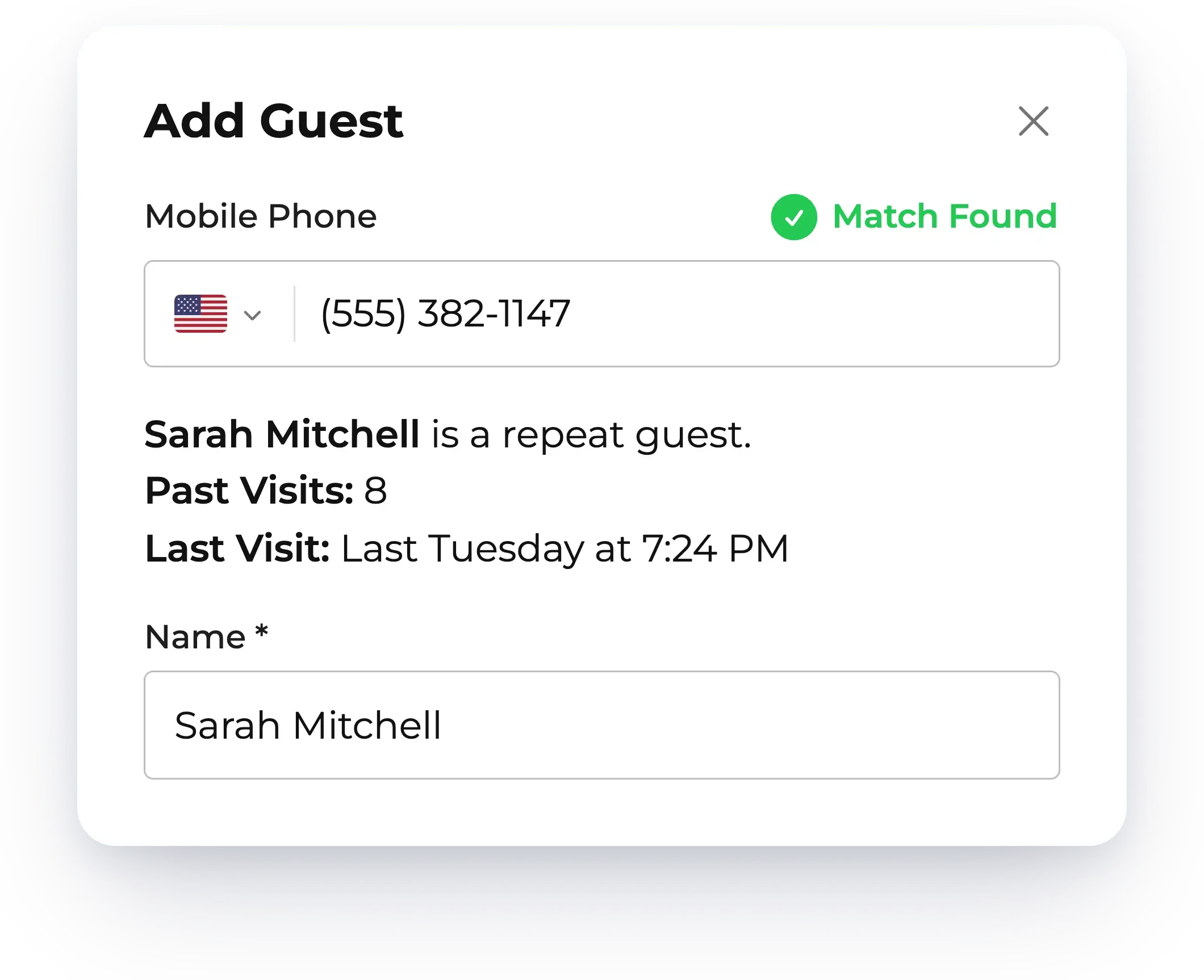 Add Guest form recognizing a returning guest by phone number, with their past visits, shown in NextMe