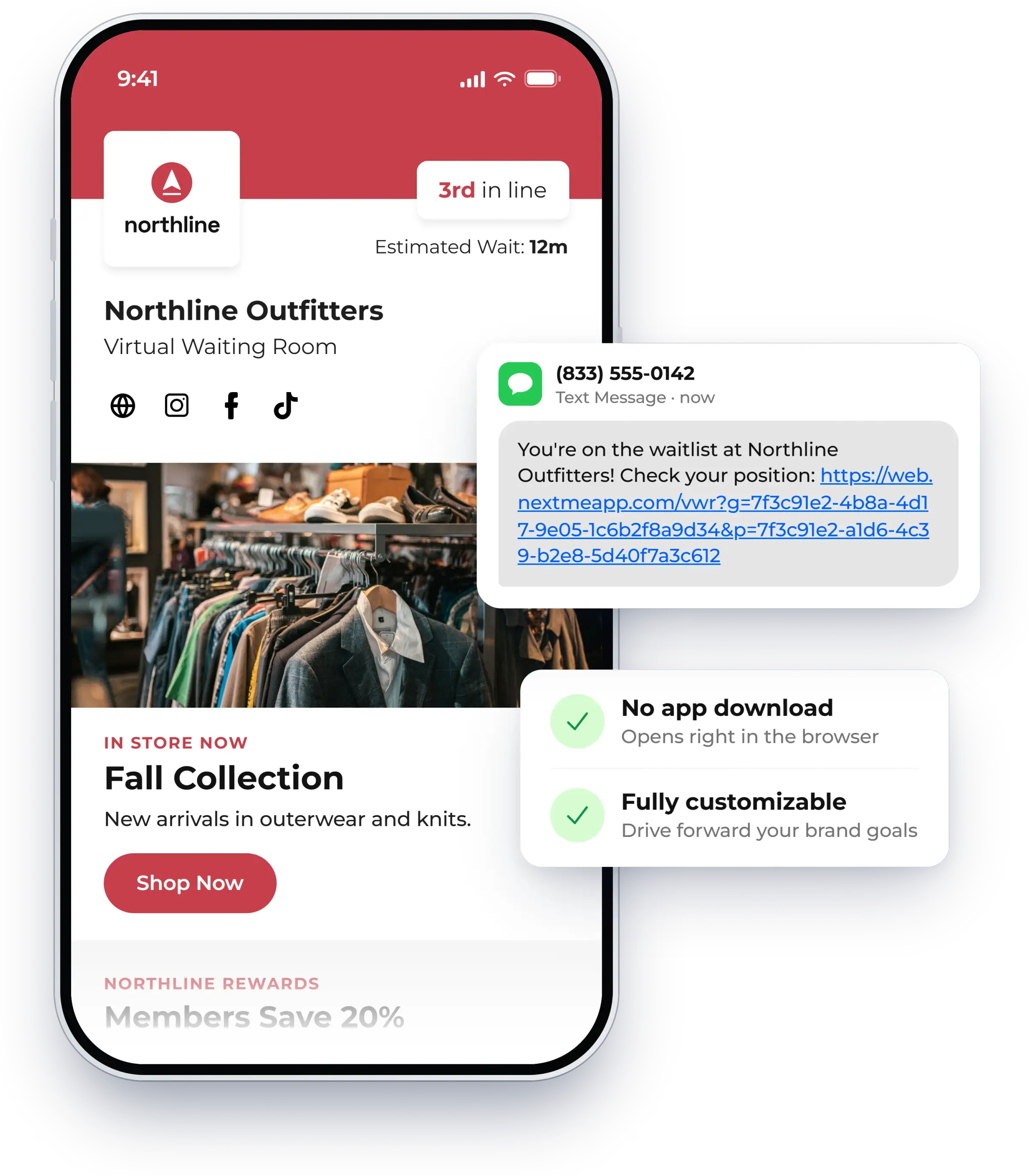 Virtual waiting room showing a guest their place in line on their phone, shown in NextMe for a retail store